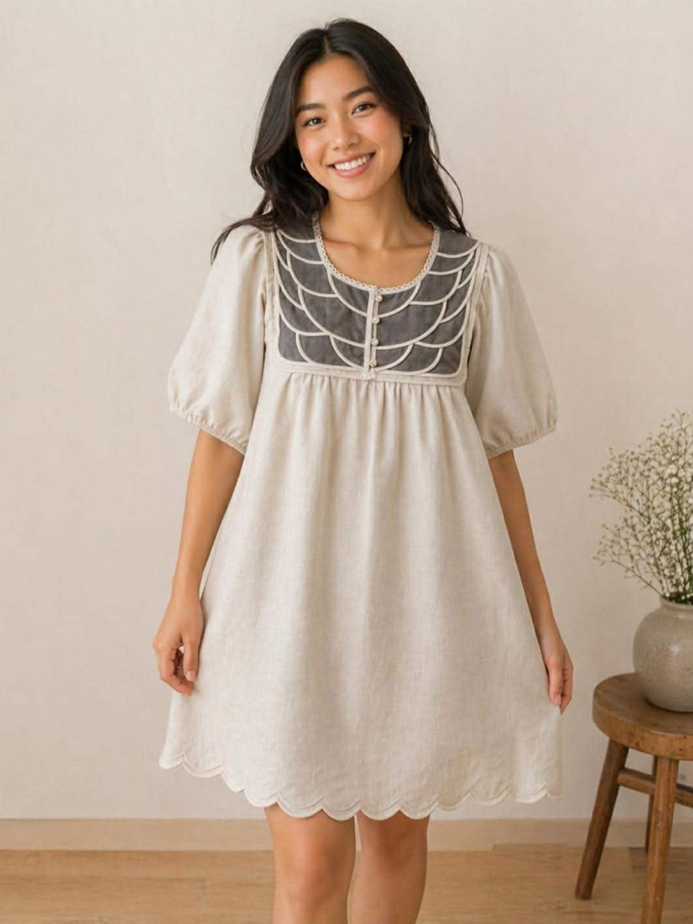 Maggie Wonka Designer Linen Dress XL - Scalloped Hem & Appliqué Yoke